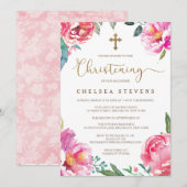 Uitnodigingen voor de doop | Roze pioenen (Voorkant / Achterkant)