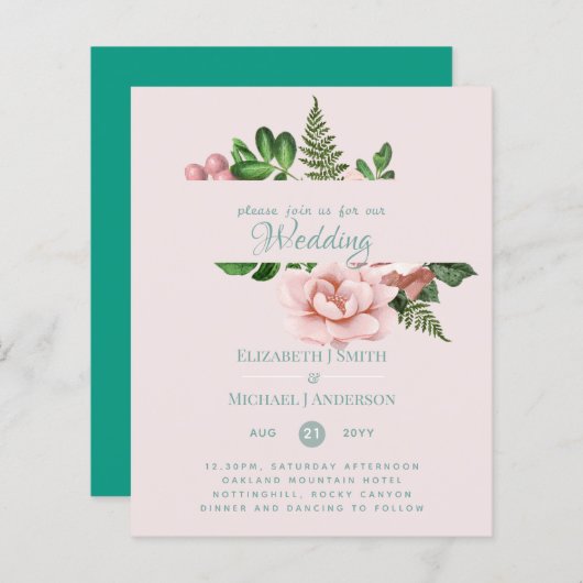 Uitnodigingen voor een budget bruiloft met rose go (Voorkant / Achterkant)