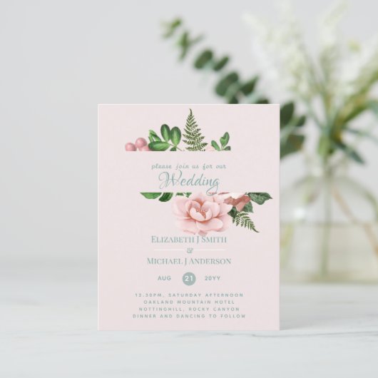 Uitnodigingen voor een budget bruiloft met rose go (Staand voorkant)