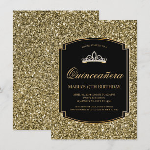 Uitnodigingen voor Gold en Black Glitter Quinceañe
