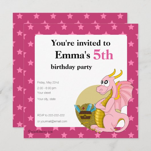 Uitnodigingen voor het afdrukken van roze dragon c (Voorkant / Achterkant)