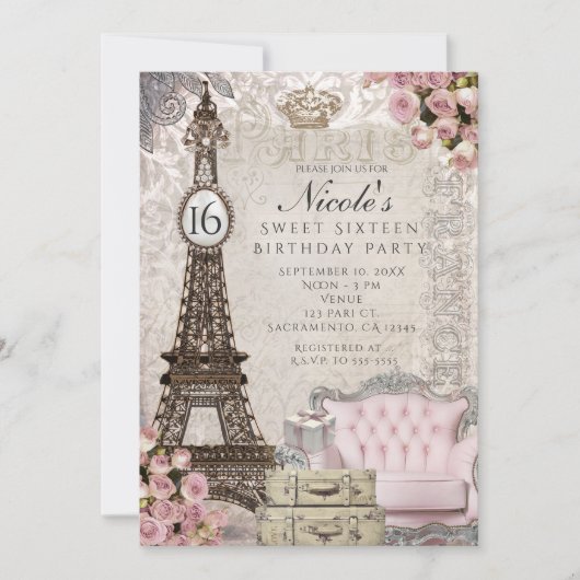 Uitnodigingen voor het feest met Eiffeltoren en ro (Voorkant)