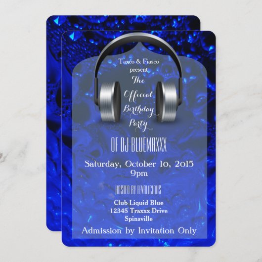 Uitnodigingen voor Liquid Blue DJ Party (Voorkant / Achterkant)