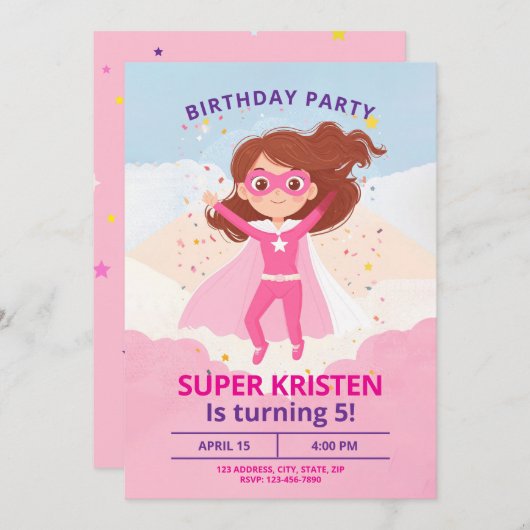 Uitnodigingen voor meisjes superheld verjaardagsfe (Voorkant / Achterkant)