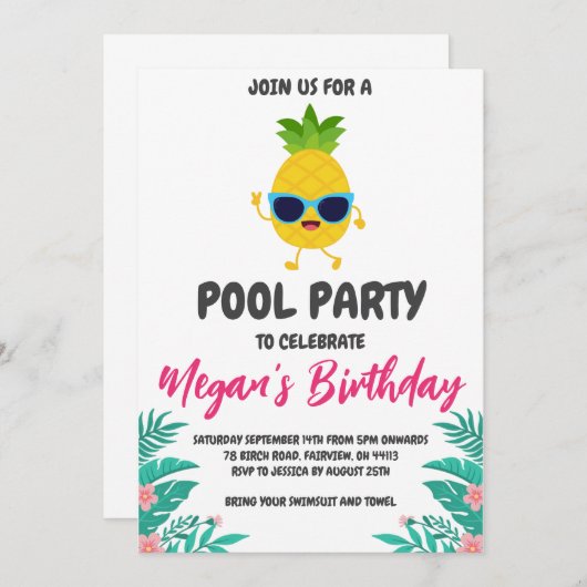 Uitnodigingen voor Pineapple Pool Party (Voorkant / Achterkant)