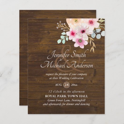 Uitnodigingen voor Roze Bloemen Trouwfeest met bud (Voorkant / Achterkant)