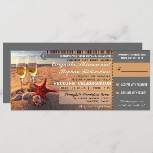 Uitnodigingen voor Sunset Beach Wedding Boarding P (Voorkant / Achterkant)