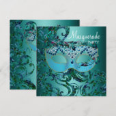 Uitnodigingen voor Teal Blue Masquerade-feest (Voorkant / Achterkant)