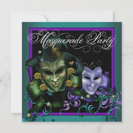 Uitnodigingen voor Teal Paarse Maskerade Feest (Voorkant)
