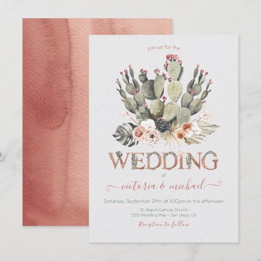 Uitnodigingen voor terra cotta en Cactus Wedding (Voorkant / Achterkant)
