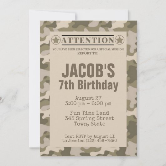 Uitnodigingen voor verjaardagsfeest met legercamou (Voorkant)