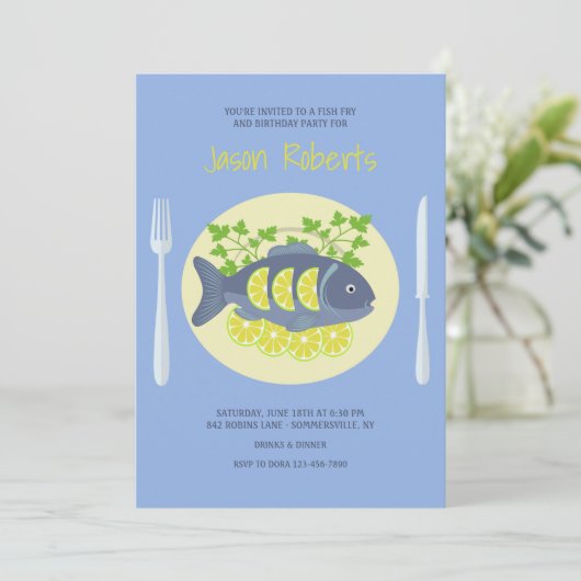 Uitnodigingen voor visfrituur dinerfeest (Staand voorkant)