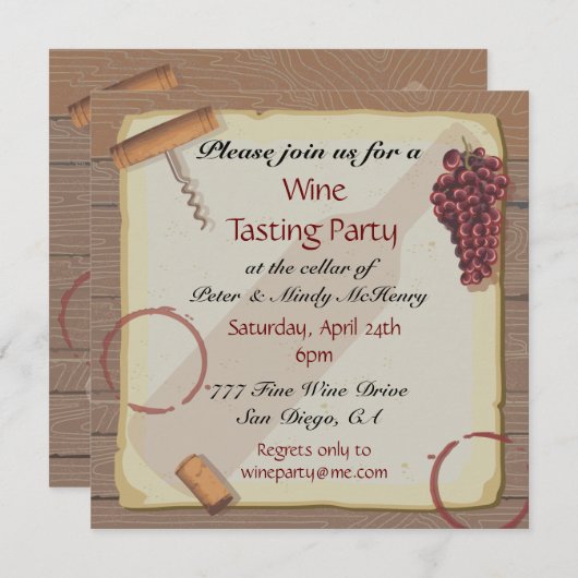Uitnodigingen voor wijnproeverij op papier in vint (Voorkant / Achterkant)