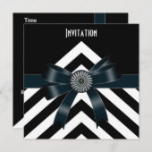 Uitnodigingen Zwarte Witte Stripe Zwarte Bow (Voorkant / Achterkant)