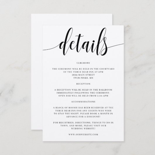 Uitnodigingsinzetstuk met details voor een rustiek informatiekaartje (Voorkant / Achterkant)