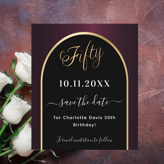 Uitnodigingskaart 50e verjaardag zwart bordeauxroo