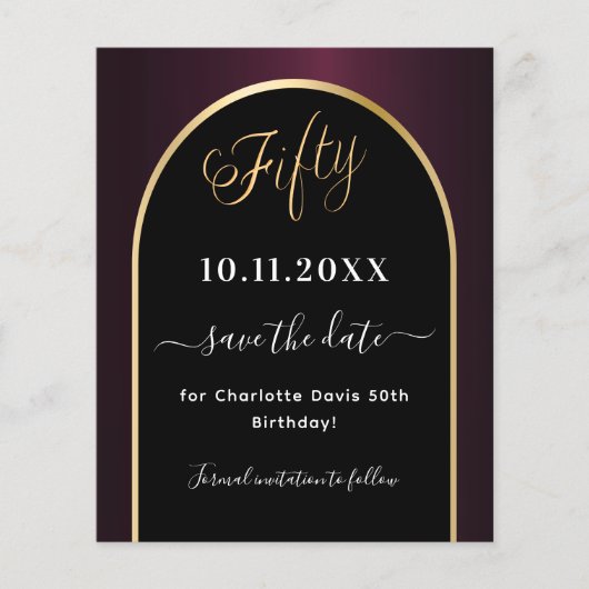 Uitnodigingskaart 50e verjaardag zwart bordeauxroo (Voorkant)