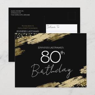 Uitnodigingskaart 80ste verjaardagsfeest goud zwar briefkaart