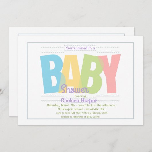 Uitnodigingskaart met letters voor een babyborrel kaart (Voorkant / Achterkant)