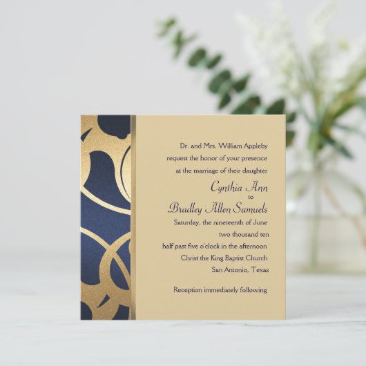 Uitnodigingsplein Navy Faux Gold Deco Design Kaart (Staand voorkant)