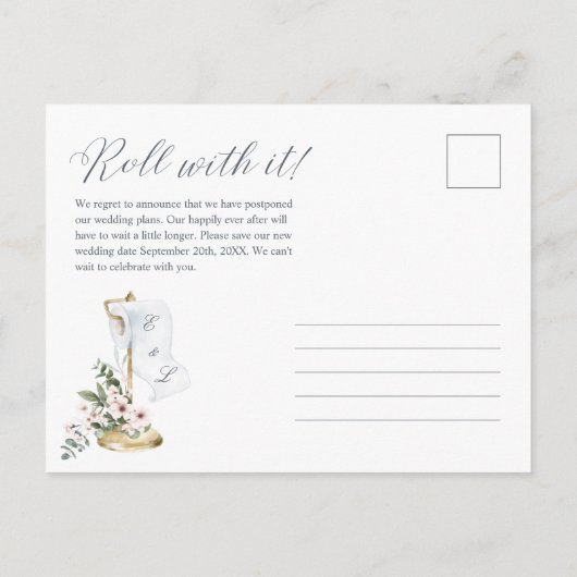 Uitrollen van onze nieuwe datum Toilet Papierroze  Aankondigingskaart (Achterkant)