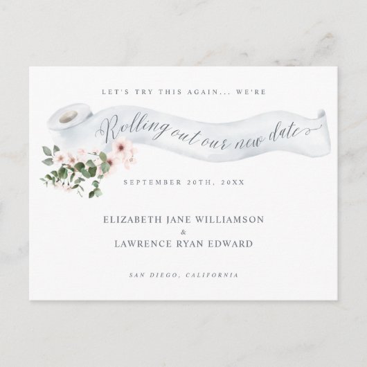 Uitrollen van onze nieuwe datum Toilet Papierroze  Aankondigingskaart (Voorkant)