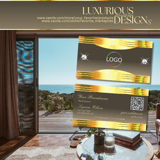 Uitstekende Beige Brown Gold Borders Logo QR-code Visitekaartje