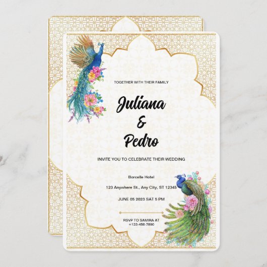 Uitstekende pauw thema bruiloft uitnodiging (Voorkant / Achterkant)