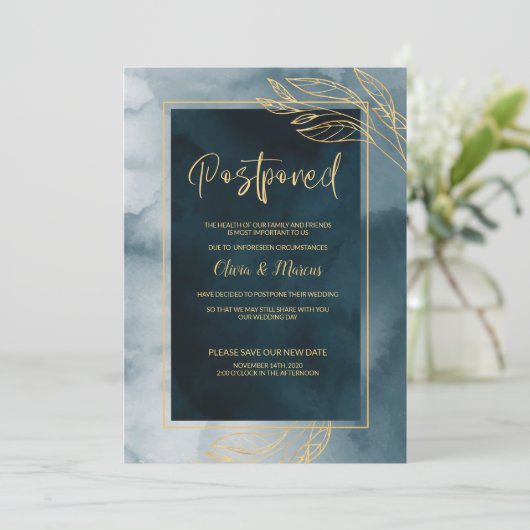 Uitstel van de bruiloft Navy en Goud Aquarel Kaart (Staand voorkant)