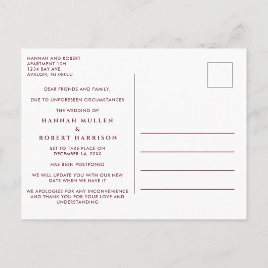 Uitstel van de bruiloft Verandering van plannen Hu Aankondigingskaart (Achterkant)