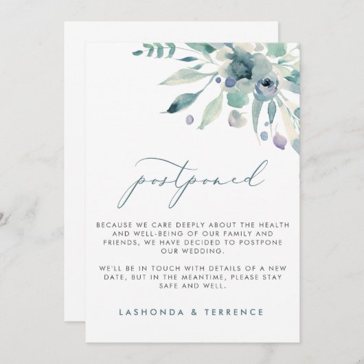 Uitstel van de delicate blauwe bloemige bruiloft aankondiging (Voorkant / Achterkant)