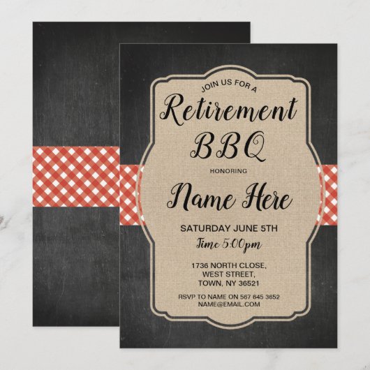 Uittredingspartij nodigt Gingham BBQ Burlap Red ui Kaart (Voorkant / Achterkant)