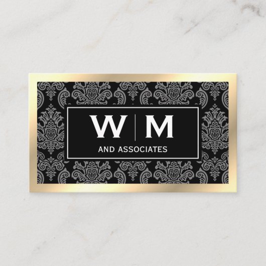 Uitvoerend Monogram Gold Border Damask Visitekaartje (Voorkant)