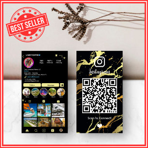 Uitvoerend Zwart & Goud Marmer Agate Instagram QR Visitekaartje