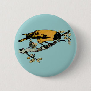 Uitwerking van gele vogelillustratie ronde button 5,7 cm