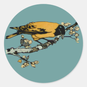 Uitwerking van gele vogelillustratie ronde sticker
