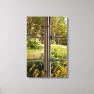 Uitzicht door oud venster canvas afdruk