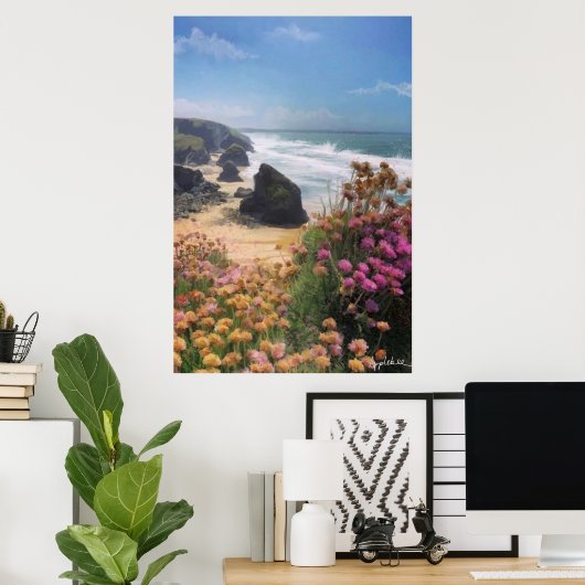 Uitzicht met bloemen bovenaan het strand poster (Thuiskantoor)