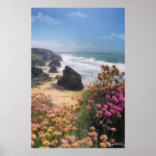 Uitzicht met bloemen bovenaan het strand poster (Voorkant)