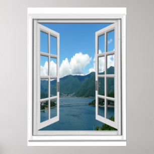 Uitzicht op bergmeer Trompe l'oeil Nepraam Poster