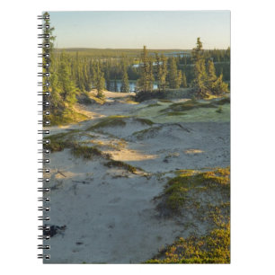 Uitzicht op een meer en de omliggende zandheuvels, notitieboek