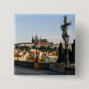 Uitzicht Prague Castle van Charles bridge, Tsjechi Vierkante Button 5,1 Cm