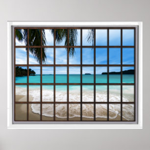 Uitzicht Tropische Ocean Lattice Window Poster