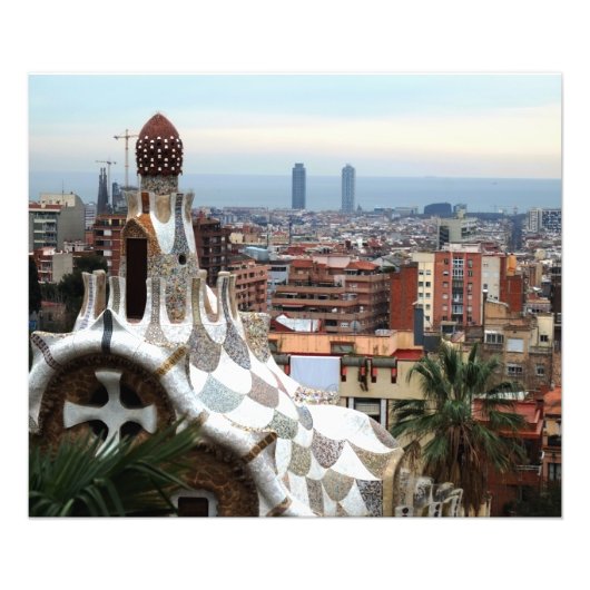 Uitzicht van Barcelona van de Parc Guell van Gaudi Foto Afdruk (Voorkant)