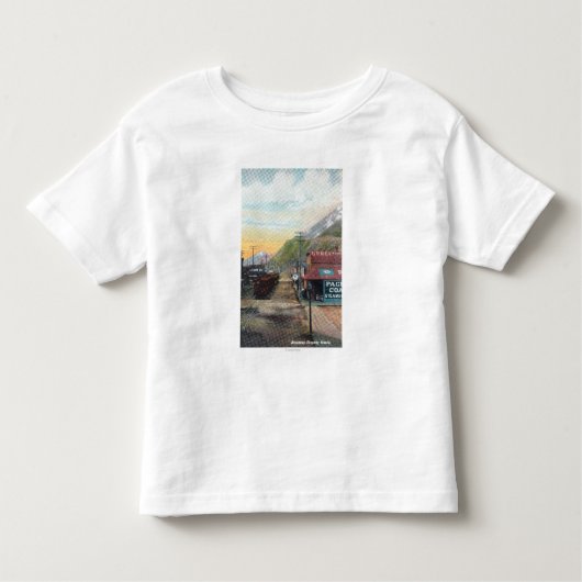 Uitzicht van Broadway & Railroad CarsSkagway, AK Kinder Shirts (Voorkant)