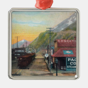 Uitzicht van Broadway & Railroad CarsSkagway, AK Metalen Ornament