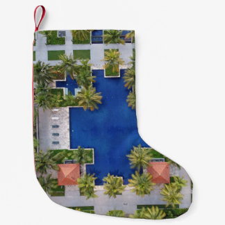 Uitzicht van de pool omringd door palmbomen kleine kerstsok