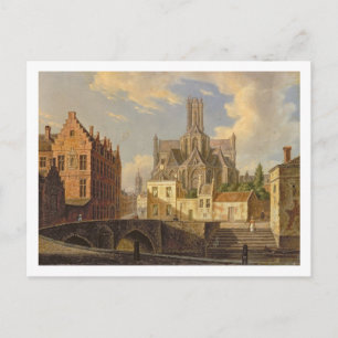 Uitzicht van de stad met figuur in de visserij op briefkaart