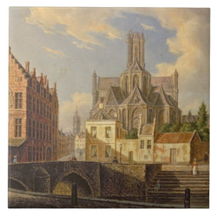 Uitzicht van de stad met figuur in een kanaal tegeltje