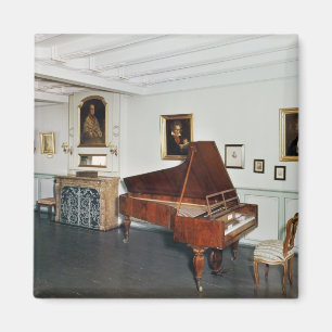 Uitzicht van een kamer met een grote piano magneet